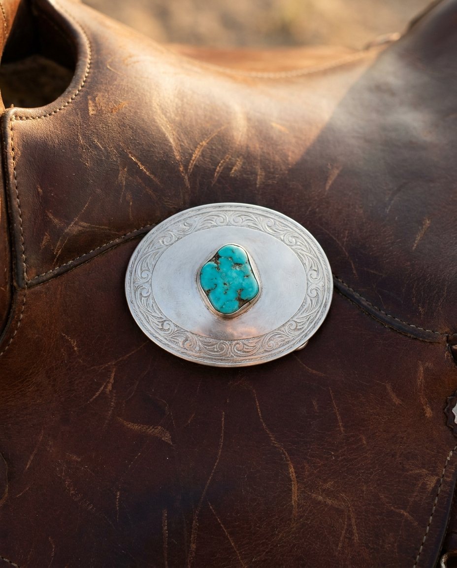 A Western silver belt buckle with a turquoise stone