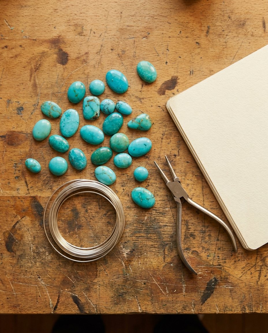 Loose turquoise stones, silver wire and pliers on a wooden bench