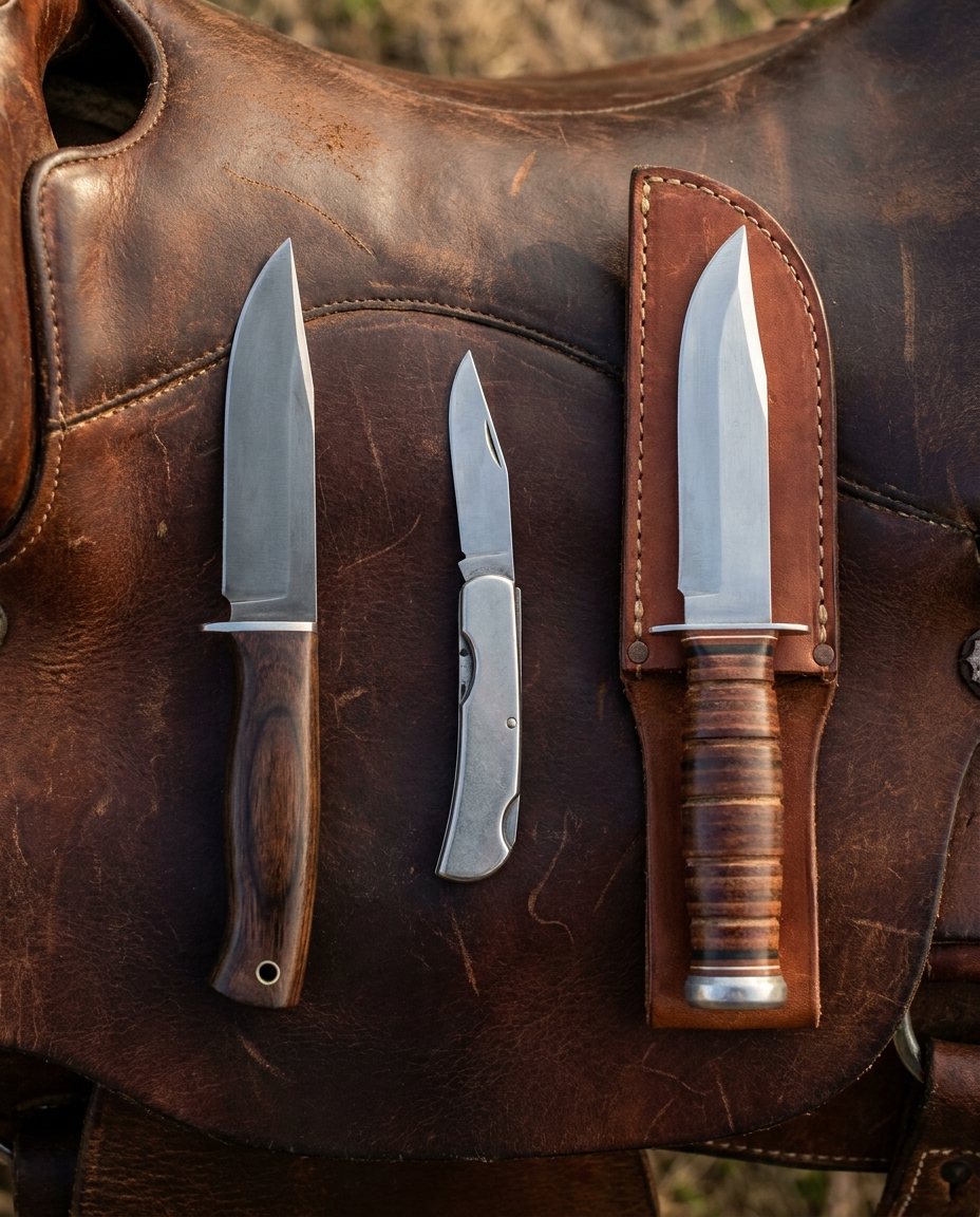 A hunting knife, a folding pocket knife and a knife in a leather sheath