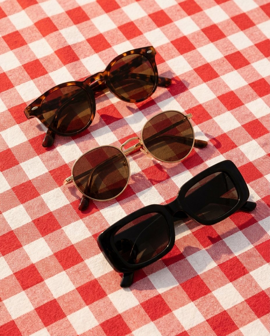Three pairs of sunglasses on a red and white checked cloth
